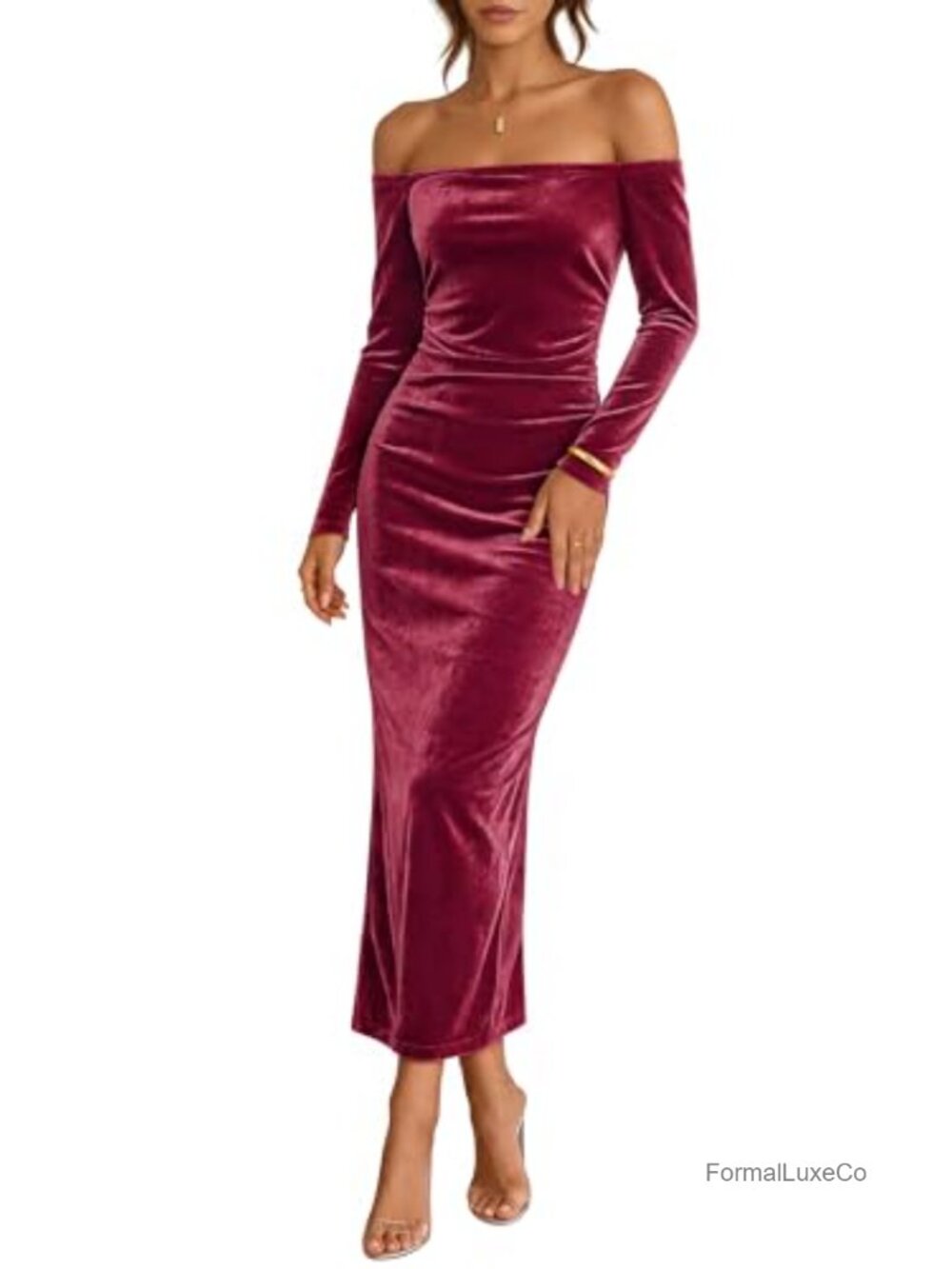 Women's Velvet Off Shoulder Bodycon Maxi Dress with Ruched Waist Formal Evening